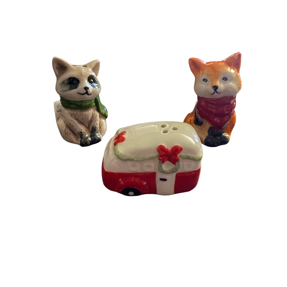 Cracker Barrel Christmas Fox Raccoon Camper Salt and Pepper Shaker Set 3 Piece